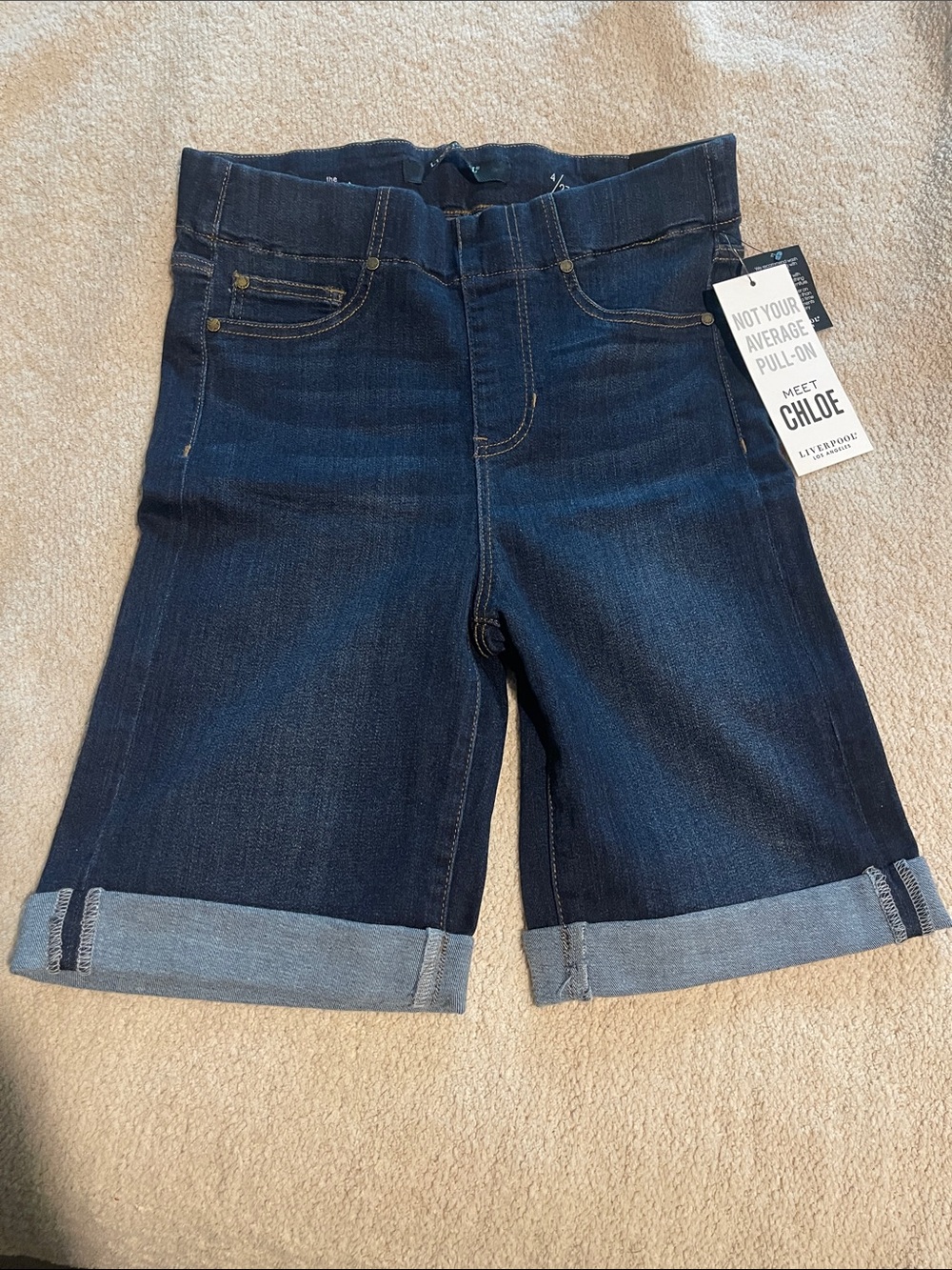 Liverpool Dark Blue Cuffed Denim Pull-On Bermuda Shorts